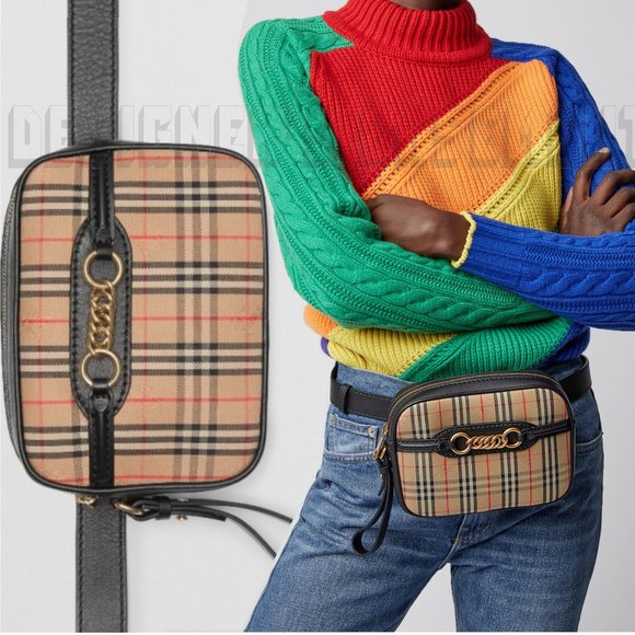 BURBERRY black leather LINK 1983 beige canvas Equestrian Knight Check Belt Bag - Picture 4 of 11